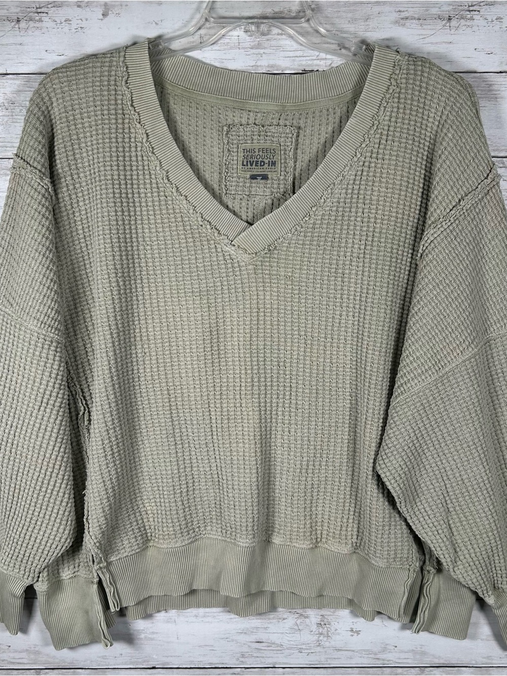 American Eagle Seriously Lived-In Waffle Knit Thermal Oversized Sage Green Top M